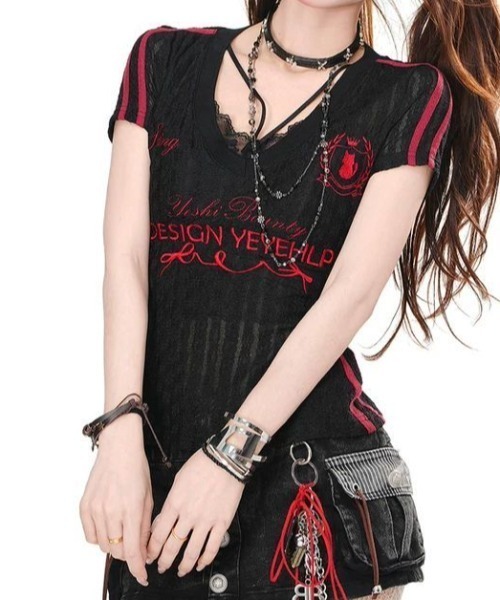 GEMEDA(ジェメダ)の「Vネック透け感Tシャツ(Tシャツ/カットソー・レディース・ホワイト/ブラック・M)」の14枚目の写真