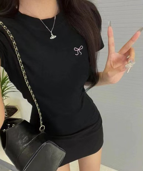 noirkeininomiyaリボン付き黒半袖Tシャツ noirkeininomiyaリボン付き黒半袖Tシャツ
