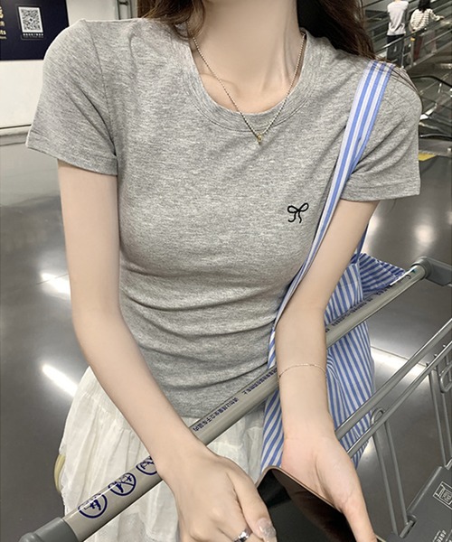 セール】ワンポイント リボン刺繍 クルーネック 半袖 Tシャツ（T