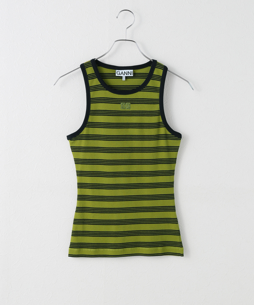 U by SPICK&SPAN（ユーバイスピックアンドスパン）の「GANNI/ガニー Striped Soft Cotton Rib Tank Top（タンクトップ・レディース・アイボリー/グリーン・FREE）」の2枚目の写真