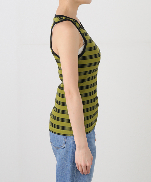 U by SPICK&SPAN（ユーバイスピックアンドスパン）の「GANNI/ガニー Striped Soft Cotton Rib Tank Top（タンクトップ・レディース・アイボリー/グリーン・FREE）」の3枚目の写真