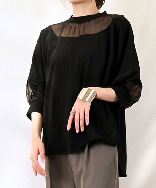 STYLEBLOCK（スタイルブロック）の「綿天竺オーガンジー切替Tシャツ（Tシャツ/カットソー・レディース・レッド系その他/モカ/オフホワイト/ブラック/ブルー・M）」の3枚目の写真