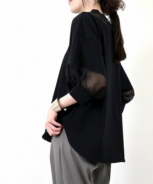 STYLEBLOCK（スタイルブロック）の「綿天竺オーガンジー切替Tシャツ（Tシャツ/カットソー・レディース・レッド系その他/モカ/オフホワイト/ブラック/ブルー・M）」の10枚目の写真