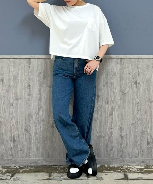 Right-on(ライトオン)の「HONEYSUCKLE ROSE(ハニーサックルローズ)【レディース】【汗染み防止/接触冷感/UVカット】「汗染み防止」ワイドTシャツ(Tシャツ/カットソー・レディース・オフホワイト/ピンク・M/L)」の5枚目の写真