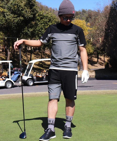 LUXE/R GOLF(ラグジュ ゴルフ)の「(RM)【LUXE/R GOLF】COOL & DRY ストレッチ スムース バイカラー モックネック Tシャツ(Tシャツ/カットソー・メンズ・ブラック×グレー・L/XL/M)」の2枚目の写真