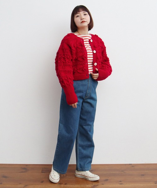 CHILD WOMAN（チャイルドウーマン）の「ネパールギルボックス もよう編みショートカーディガン（カーディガン/ボレロ・レディース・サックスブルー/レッド/アイボリー・FREE）」の9枚目の写真