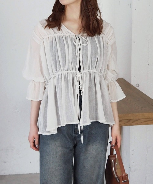 mangata♢シアーギャザーリボンtops♢pink シアーリボントップ /Sheer Ribbon Top | FICTION TOKYO OFF