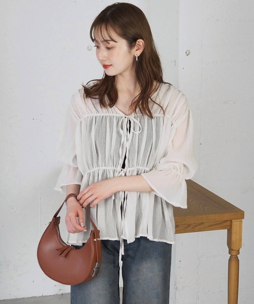 mangata♢シアーギャザーリボンtops♢pink シアーリボントップ /Sheer Ribbon Top | FICTION TOKYO OFF