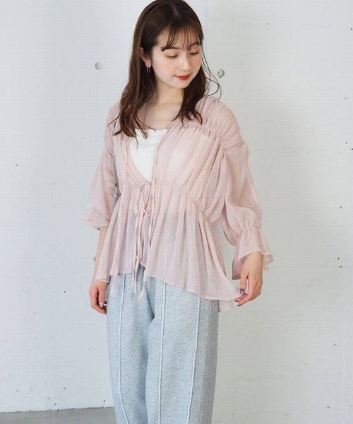 cen. リボンギャザーブラウス myclozette セール】シアー前リボンギャザーブラウス(シャツ/ブラウス