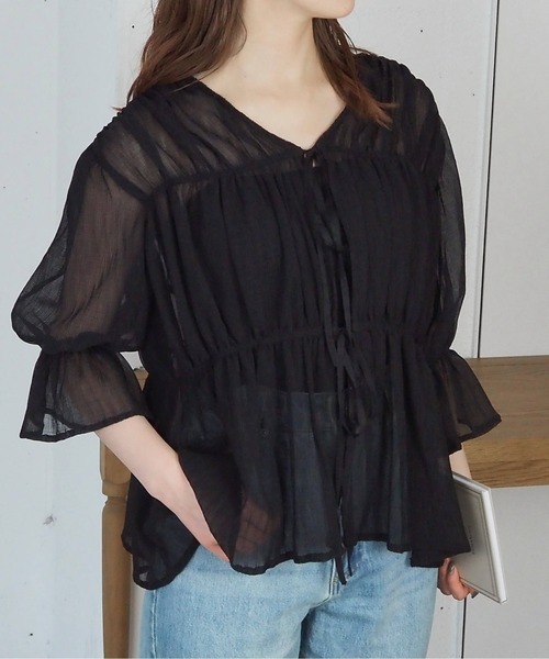 mangata♢シアーギャザーリボンtops♢pink シアーリボントップ /Sheer Ribbon Top | FICTION TOKYO OFF