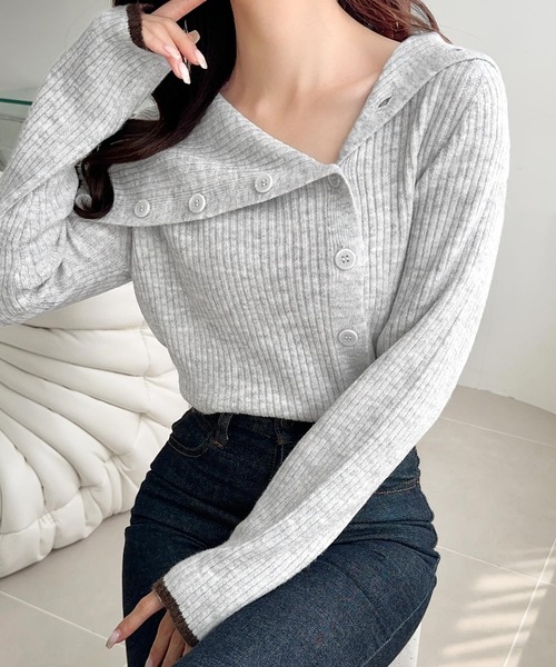 mily bilet(ミウィビレット)の「【mily bilet】ワザありカラーで華やかさをプラス◎アシンメトリーカラー見せ裾配色多ボタンニット(ニット/セーター・レディース・チャコールグレー/グレー/ベージュ・LARGE/MEDIUM/SMALL/X-LARGE)」の22枚目の写真