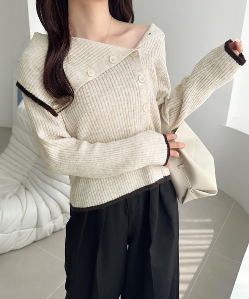 mily bilet(ミウィビレット)の「【mily bilet】ワザありカラーで華やかさをプラス◎アシンメトリーカラー見せ裾配色多ボタンニット(ニット/セーター・レディース・チャコールグレー/グレー/ベージュ・LARGE/MEDIUM/SMALL/X-LARGE)」の12枚目の写真