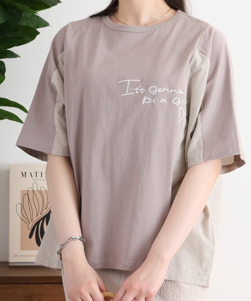Arinomama（アリノママ）の「ハンドライク刺繍　ストライプ切替Tシャツ（Tシャツ/カットソー・レディース・スミクロ/オフホワイト/グレイッシュベージュ/ブラック・FREE）」の4枚目の写真