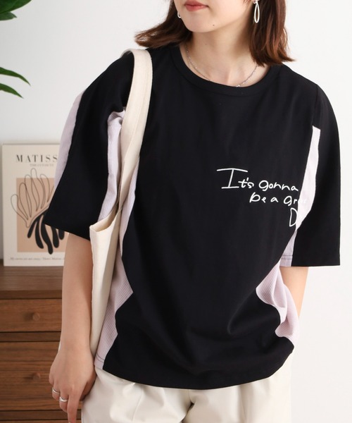 Arinomama（アリノママ）の「ハンドライク刺繍　ストライプ切替Tシャツ（Tシャツ/カットソー・レディース・スミクロ/オフホワイト/グレイッシュベージュ/ブラック・FREE）」の5枚目の写真