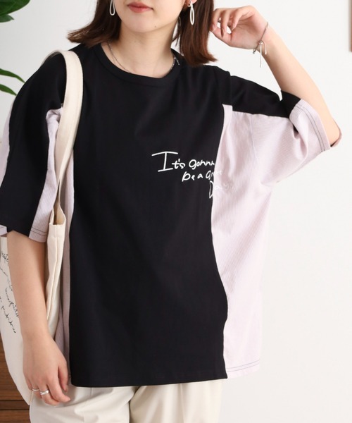 Arinomama（アリノママ）の「ハンドライク刺繍　ストライプ切替Tシャツ（Tシャツ/カットソー・レディース・スミクロ/オフホワイト/グレイッシュベージュ/ブラック・FREE）」の6枚目の写真