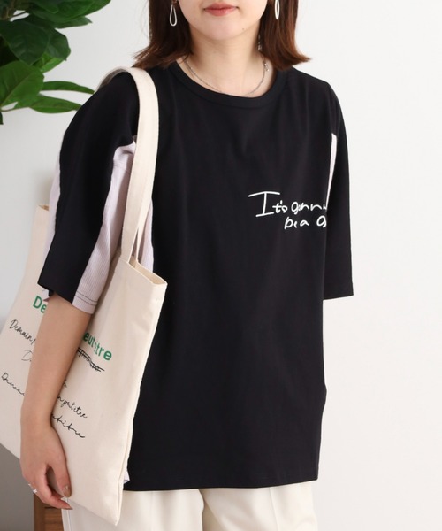 Arinomama（アリノママ）の「ハンドライク刺繍　ストライプ切替Tシャツ（Tシャツ/カットソー・レディース・スミクロ/オフホワイト/グレイッシュベージュ/ブラック・FREE）」の7枚目の写真