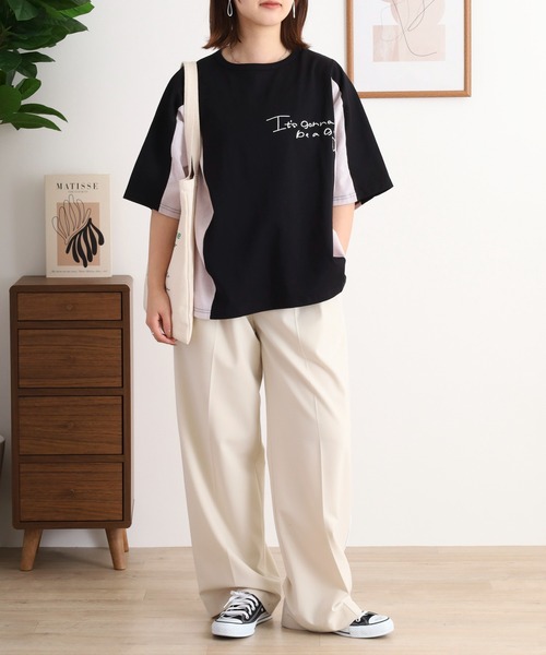 Arinomama（アリノママ）の「ハンドライク刺繍　ストライプ切替Tシャツ（Tシャツ/カットソー・レディース・スミクロ/オフホワイト/グレイッシュベージュ/ブラック・FREE）」の9枚目の写真