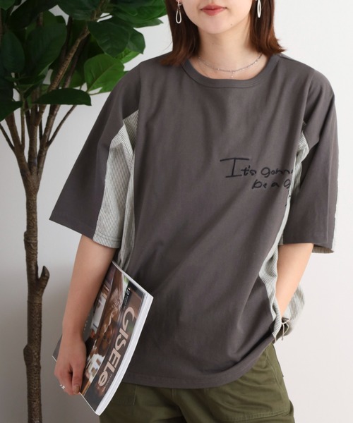 Arinomama（アリノママ）の「ハンドライク刺繍　ストライプ切替Tシャツ（Tシャツ/カットソー・レディース・スミクロ/オフホワイト/グレイッシュベージュ/ブラック・FREE）」の11枚目の写真