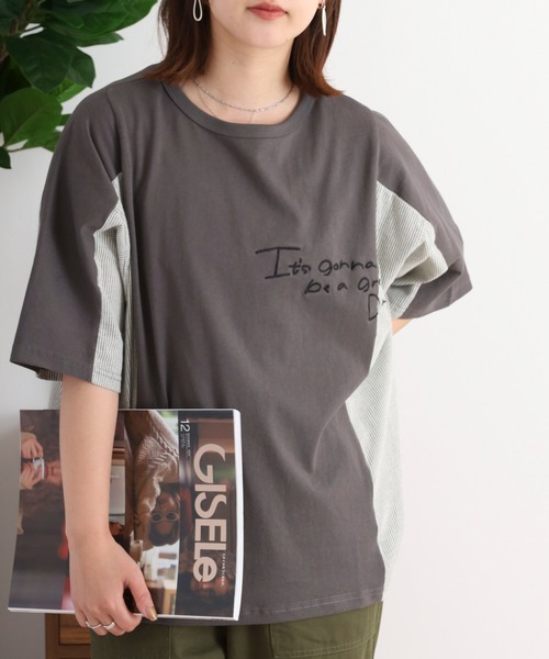 Arinomama（アリノママ）の「ハンドライク刺繍　ストライプ切替Tシャツ（Tシャツ/カットソー・レディース・スミクロ/オフホワイト/グレイッシュベージュ/ブラック・FREE）」の12枚目の写真