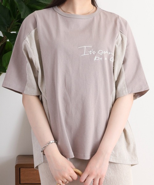 Arinomama（アリノママ）の「ハンドライク刺繍　ストライプ切替Tシャツ（Tシャツ/カットソー・レディース・スミクロ/オフホワイト/グレイッシュベージュ/ブラック・FREE）」の21枚目の写真