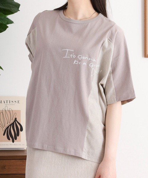 Arinomama（アリノママ）の「ハンドライク刺繍　ストライプ切替Tシャツ（Tシャツ/カットソー・レディース・スミクロ/オフホワイト/グレイッシュベージュ/ブラック・FREE）」の22枚目の写真