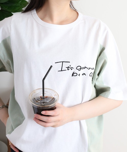 Arinomama（アリノママ）の「ハンドライク刺繍　ストライプ切替Tシャツ（Tシャツ/カットソー・レディース・スミクロ/オフホワイト/グレイッシュベージュ/ブラック・FREE）」の17枚目の写真