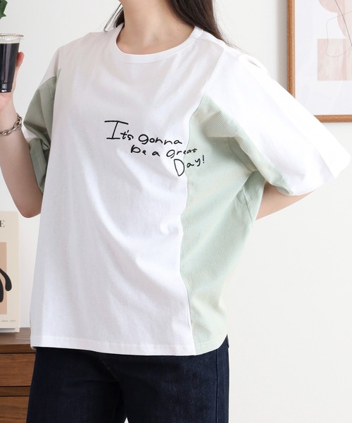 Arinomama（アリノママ）の「ハンドライク刺繍　ストライプ切替Tシャツ（Tシャツ/カットソー・レディース・スミクロ/オフホワイト/グレイッシュベージュ/ブラック・FREE）」の18枚目の写真