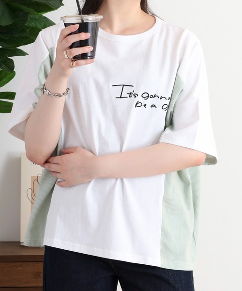 Arinomama（アリノママ）の「ハンドライク刺繍　ストライプ切替Tシャツ（Tシャツ/カットソー・レディース・スミクロ/オフホワイト/グレイッシュベージュ/ブラック・FREE）」の19枚目の写真