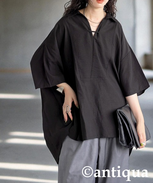 antiqua(アンティカ)の「スカーフ付きスキッパーシャツ(シャツ/ブラウス・レディース・ブラック/ホワイト・ONESIZE)」の11枚目の写真