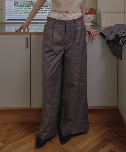 HONEY MI HONEY(ハニーミーハニー)の「check double waist pants(スラックス・レディース・グレー/ベージュ・FREE)」の2枚目の写真