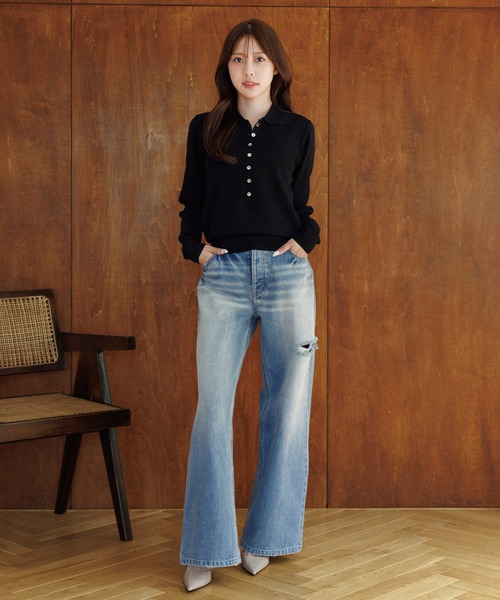 SENEE（セニー）の「button design polo knit（ボタンデザインポロニット）（ニット/セーター・レディース・ブラック/アイボリー・FREE）」の22枚目の写真