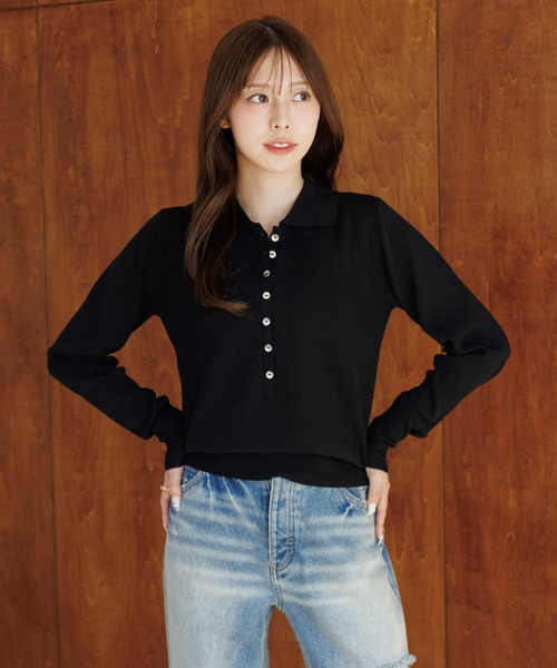 SENEE（セニー）の「button design polo knit（ボタンデザインポロニット）（ニット/セーター・レディース・ブラック/アイボリー・FREE）」の21枚目の写真