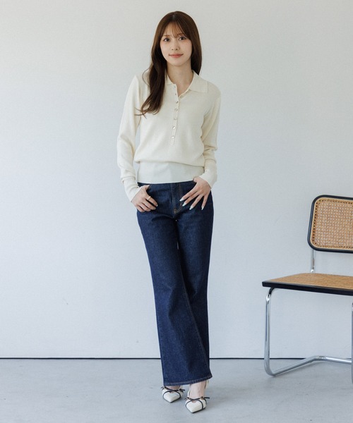 SENEE（セニー）の「button design polo knit（ボタンデザインポロニット）（ニット/セーター・レディース・ブラック/アイボリー・FREE）」の4枚目の写真