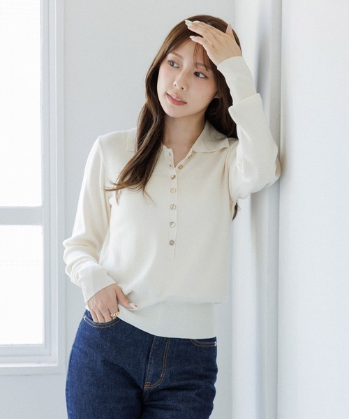 BATONER アイボリー ボタン付きポロネックセーター Made in JAPAN】ボタン タートルネック ニット