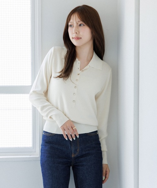SENEE（セニー）の「button design polo knit（ボタンデザインポロニット）（ニット/セーター・レディース・ブラック/アイボリー・FREE）」の6枚目の写真