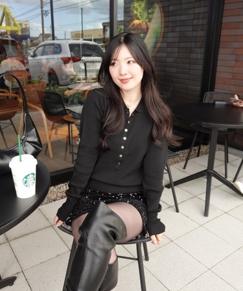 SENEE（セニー）の「button design polo knit（ボタンデザインポロニット）（ニット/セーター・レディース・ブラック/アイボリー・FREE）」の5枚目の写真