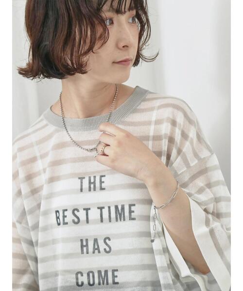 Samansa Mos2 blue（サマンサモスモスブルー）の「ボーダーロゴニットプルオーバー（ニット/セーター・レディース・グリーン/オフホワイト/グレー・F）」の3枚目の写真