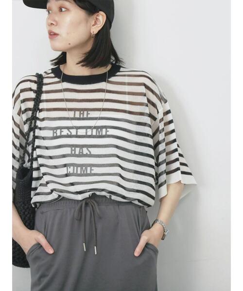 Samansa Mos2 blue（サマンサモスモスブルー）の「ボーダーロゴニットプルオーバー（ニット/セーター・レディース・グリーン/オフホワイト/グレー・F）」の2枚目の写真