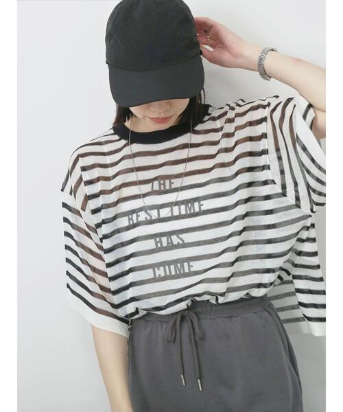 Samansa Mos2 blue（サマンサモスモスブルー）の「ボーダーロゴニットプルオーバー（ニット/セーター・レディース・グリーン/オフホワイト/グレー・F）」の6枚目の写真