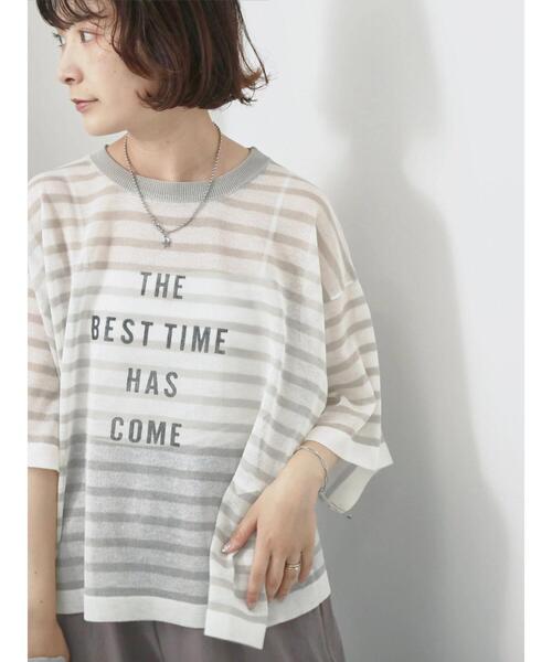 Samansa Mos2 blue（サマンサモスモスブルー）の「ボーダーロゴニットプルオーバー（ニット/セーター・レディース・グリーン/オフホワイト/グレー・F）」の12枚目の写真