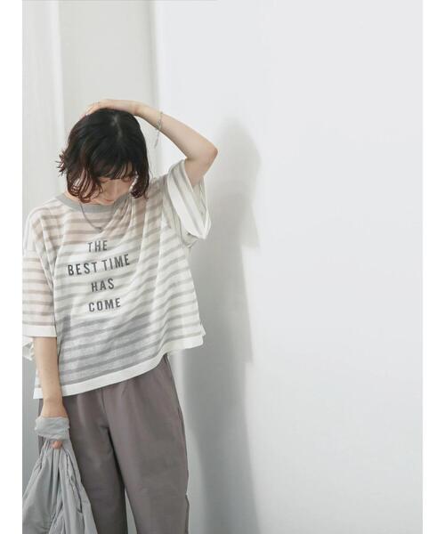 Samansa Mos2 blue（サマンサモスモスブルー）の「ボーダーロゴニットプルオーバー（ニット/セーター・レディース・グリーン/オフホワイト/グレー・F）」の13枚目の写真