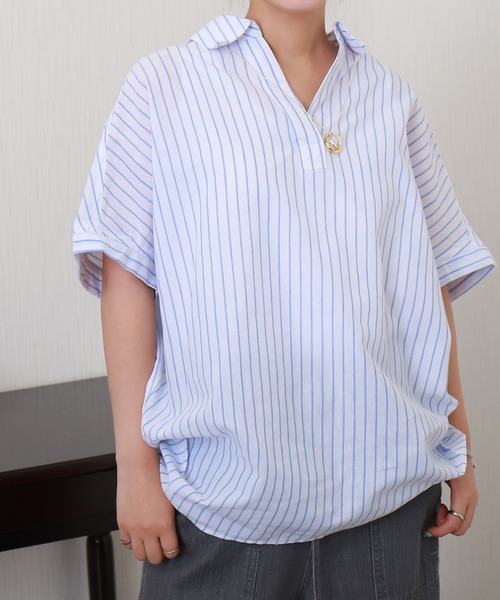 libelle more（リベル モア）の「【抗菌・UVカット・吸水速乾】「やわさらリネン」ストライプスキッパーシャツ（シャツ/ブラウス・レディース・ブルー/サックスブルー/ラベンダー/イエロー/オフホワイト・L/M）」の2枚目の写真