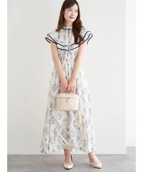 セール】花柄シフォン配色パイピングケープワンピース