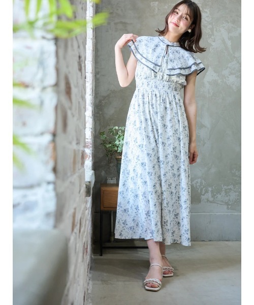 花柄シフォン配色パイピングケープワンピース（ワンピース