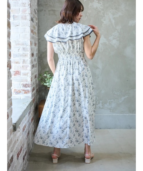 ♡familiar♡ワンピース 花柄シフォン配色パイピングケープワンピース（ワンピース