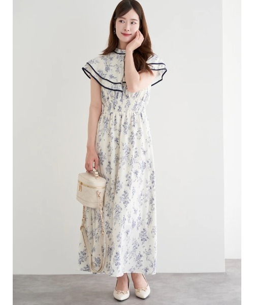 ♡familiar♡ワンピース 花柄シフォン配色パイピングケープワンピース（ワンピース