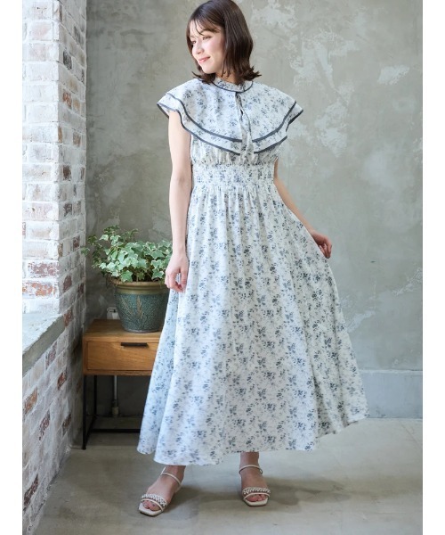 花柄シフォン配色パイピングケープワンピース（ワンピース