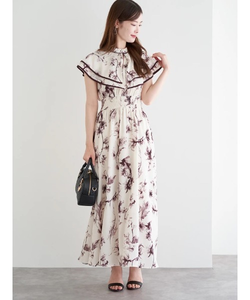 花柄シフォン配色パイピングケープワンピース（ワンピース