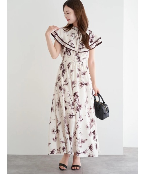 セール】花柄シフォン配色パイピングケープワンピース