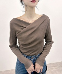 CLOTHY（クロシィ）の「【大人の抜け感を演出する、上品ドレープトップス】テレコ長袖カシュクールトップス（Tシャツ/カットソー）」